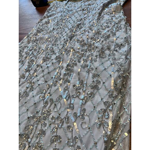 Aidan Mattox Beaded Off Shoulder Halter Gown Silver Blue Size 8 Hemmed - Picture 7 of 13